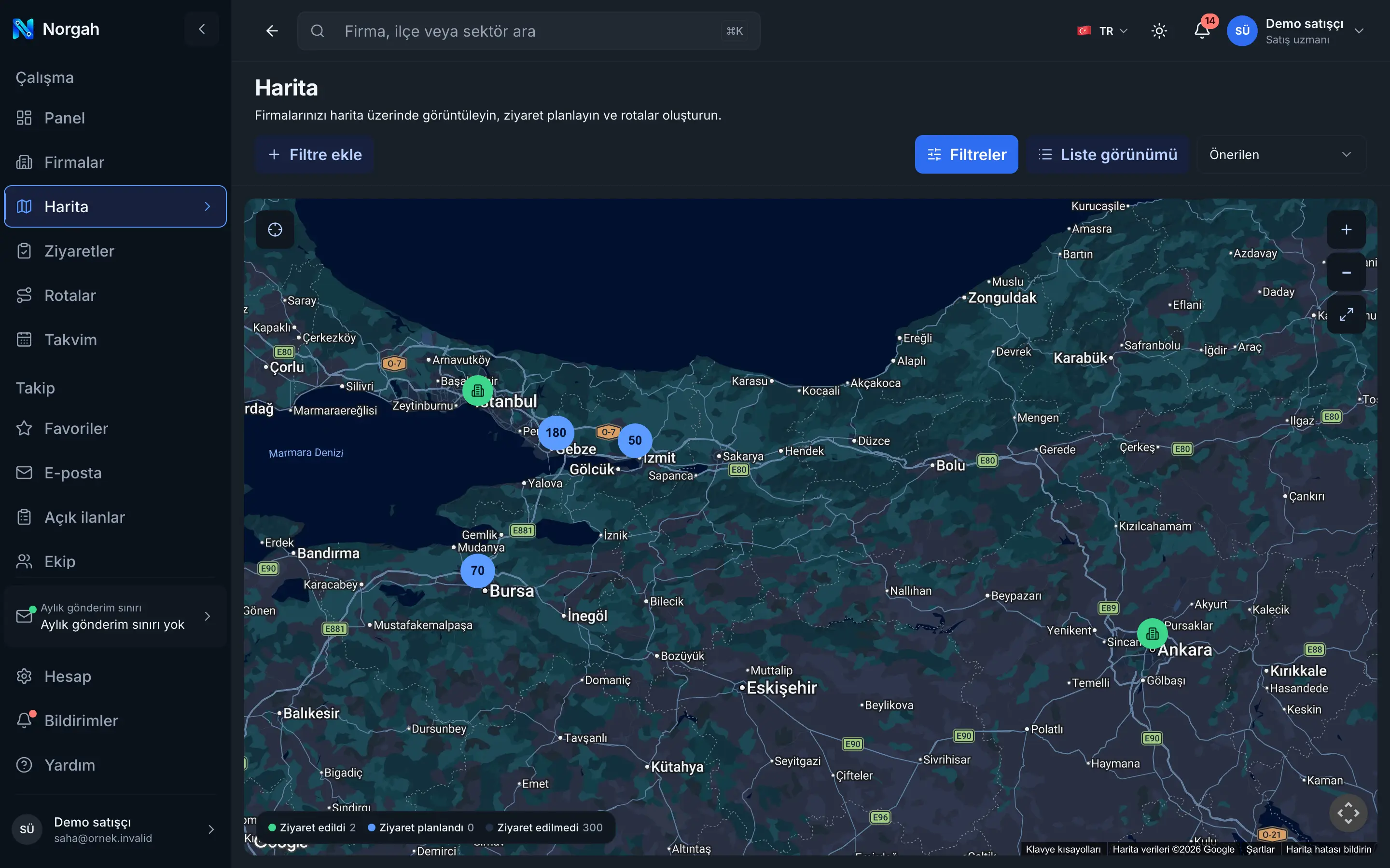 Norgah uygulamasının firma haritası